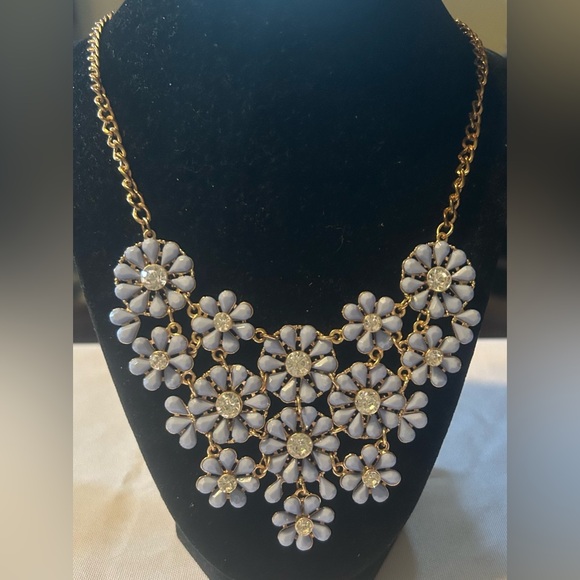 Charming Charlie Gold-Tone Light Blue Floral Bib Statement Necklace. - Picture 2 of 8